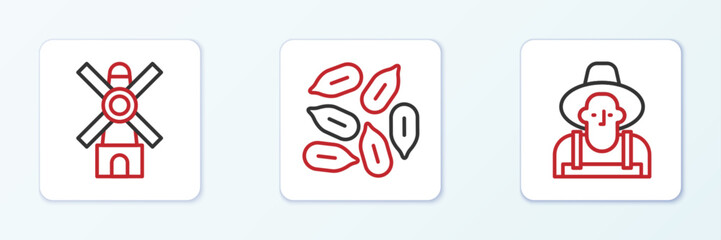 Set line Farmer in the hat, Windmill and Seed icon. Vector