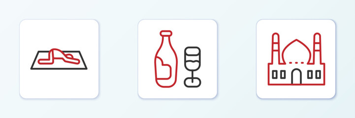 Set line Muslim Mosque, man prays and Wine bottle with glass icon. Vector