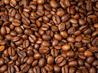 Background from roasted coffee beans. Scattered coffee beans.