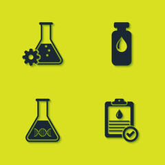 Set Bioengineering, Clipboard with blood test, DNA research, search and Medical vial, ampoule icon. Vector