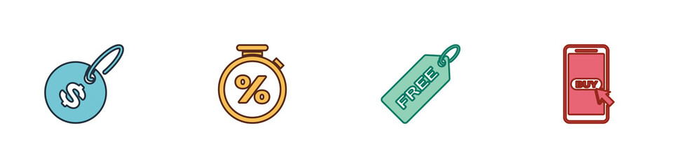 Set Price tag with dollar, Stopwatch and percent, Free and Mobile shopping cart icon. Vector