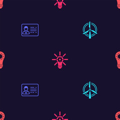 Set Rotating wind turbine, Identification badge, Light bulb with gear and Solar energy panel on seamless pattern. Vector