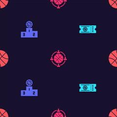 Set Basketball game ticket, Sports winner podium, Planning strategy and on seamless pattern. Vector