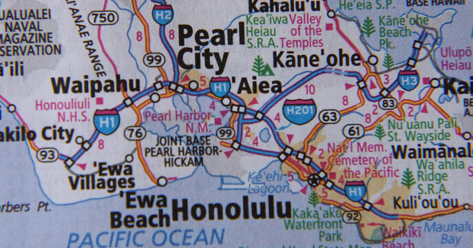 Close-up view of a map of the Honolulu, Hawaii metro area from a road atlas
