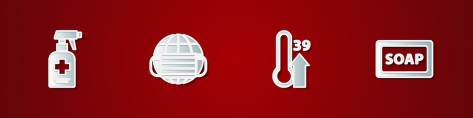 Set Liquid antibacterial soap, Earth with medical mask, High human body temperature and Bar of icon. Vector