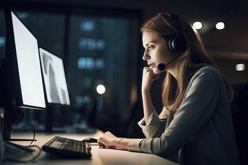 call center agent taking calls working from home office, generative ai