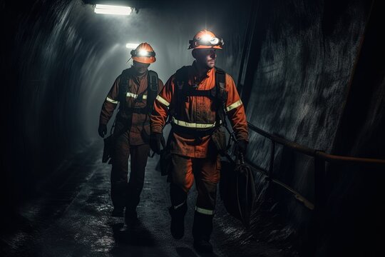 Coal miners walking through the tunnel in a mine. Generative AI