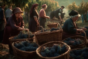 The harvesting of wine grapes. People work on a winery field. Vineyard landscape with grape tree field and winery villa on background. Generative AI