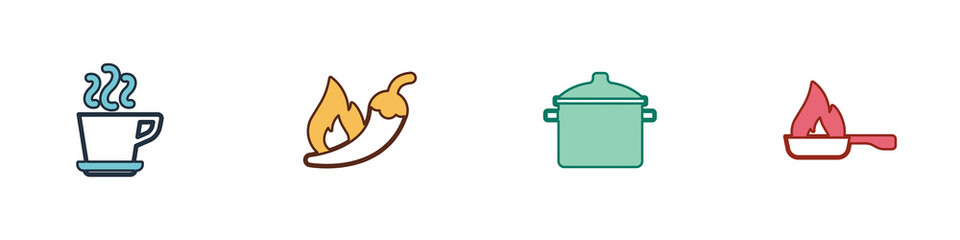 Set Coffee cup, Hot chili pepper pod, Cooking pot and Frying pan icon. Vector