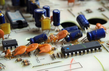Electronic circuit board with components assembled on it. Integrated circuits, resistors and...
