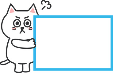 Angry cartoon white cat informs something with a blank sign, vector illustration.