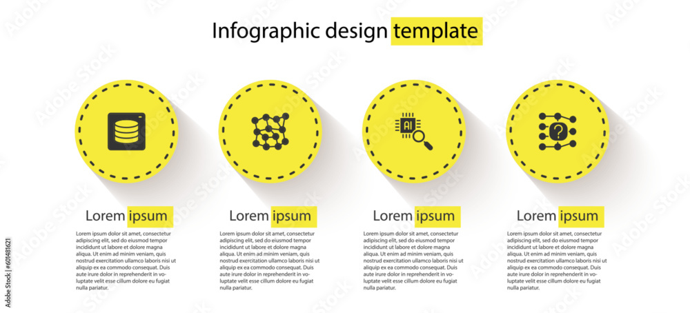 Poster set server, data, neural network, processor cpu and . business infographic template. vector