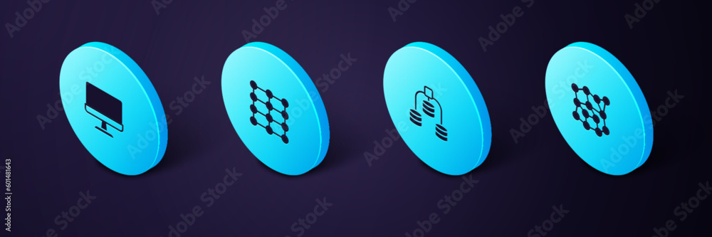Poster set isometric neural network, server, data, and computer monitor icon. vector
