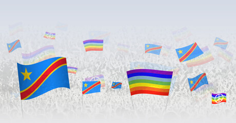 People waving Peace flags and flags of DR Congo. Illustration of throng celebrating or protesting with flag of DR Congo and the peace flag.