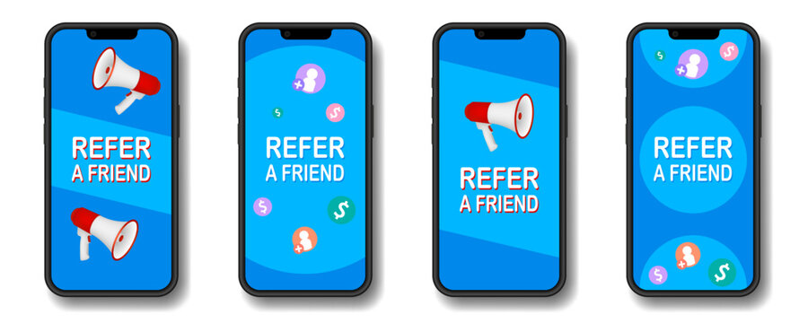 Refer a friend. Referral Program Illustration, Get Rewards by Inviting People to Join something. Bonus reward program. Encourage loyal customers. Refer and earn banner on a smartphone screen