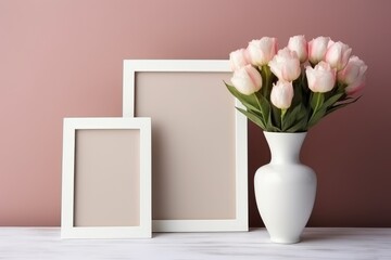 Empty white frame mockup with Scandinavian look, rose flowers in vase, AI Generated