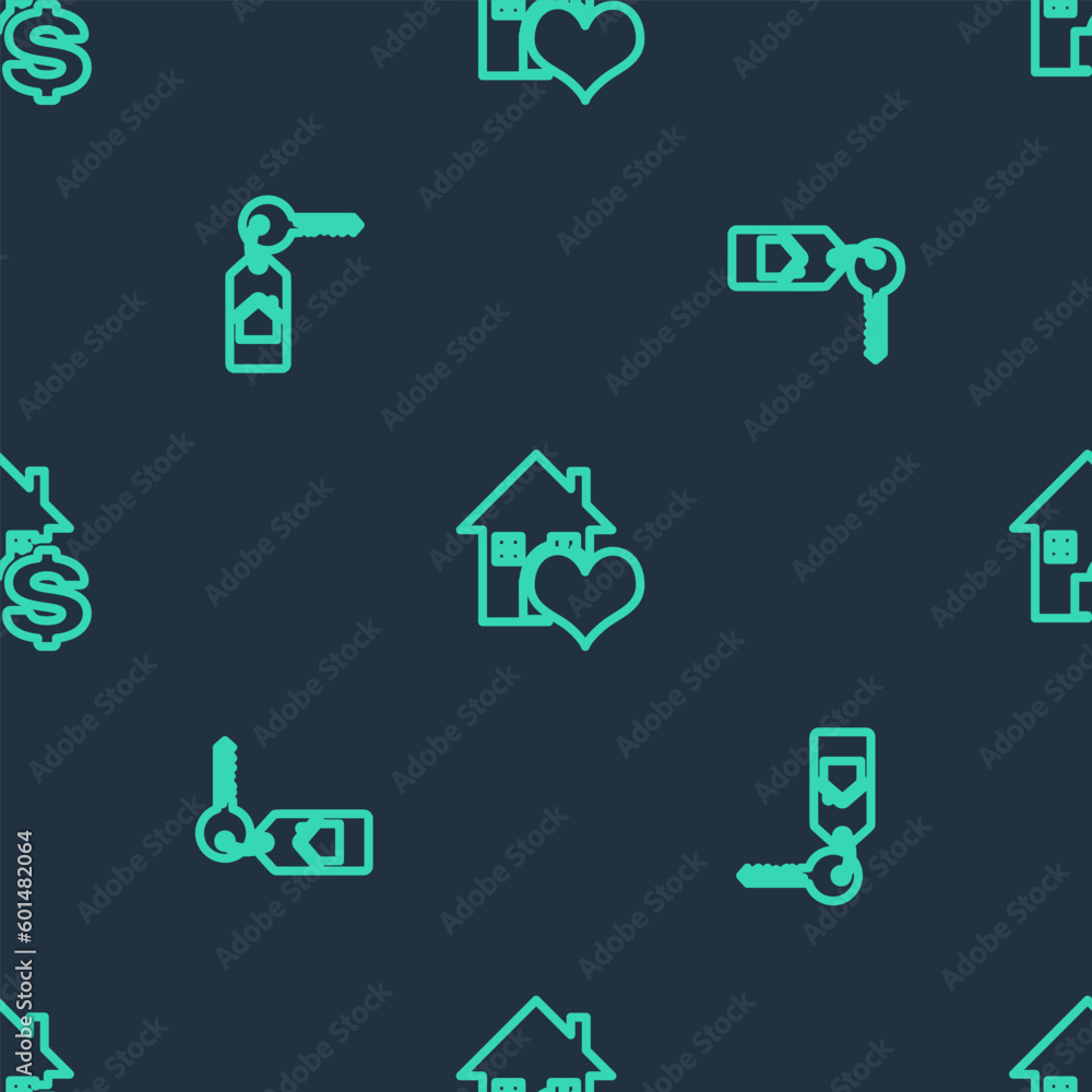 Poster set line house with heart shape, key and dollar on seamless pattern. vector
