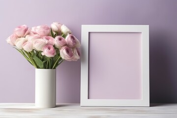 Empty white frame mockup with Scandinavian look, ranunculus flowers in vase, AI Generated