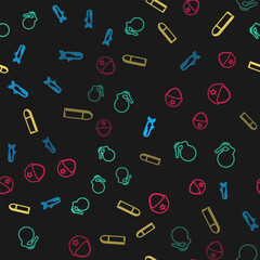 Set line Submarine, Hand grenade, Bullet and Military helmet on seamless pattern. Vector
