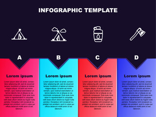 Set line Tourist tent with flag, , Canteen water bottle and Wooden axe. Business infographic template. Vector