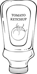 Plastic bottle with ketchup sauce. Vector illustration in hand drawn sketch doodle style. Line art tomato sauce in a bottle isolated on white. Element for coloring book, design, print.