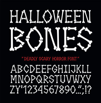 Bones font for Halloween or horror movie logo design. Hand drawn typeface, stencil capital letters  numbers and symbols made of bones and joints on a black background. Vector illustration.