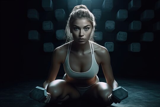 Athletic girl working out with dumbbells on gray background. Fitness woman doing exercise, Generative AI Technology