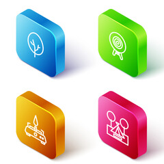 Set Isometric line Tree, Target sport, Camping gas stove and Tourist tent icon. Vector
