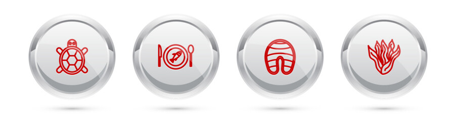 Set line Turtle, Served fish on a plate, Fish steak and Seaweed. Silver circle button. Vector