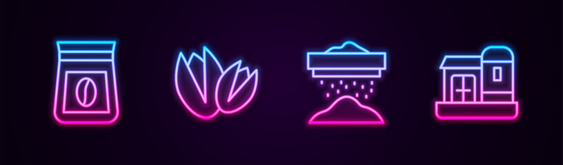 Set line Bag of coffee beans, Pistachio nuts, Sifting flour and Farm house. Glowing neon icon. Vector