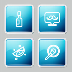 Set line Tabasco sauce, Mustache, Sliced lime and Gong icon. Vector