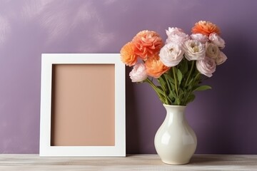 Empty white frame mockup with Scandinavian look, ranunculus flowers in vase, AI Generated