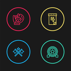 Set line American flag, Medal with star, Calendar date July 4 and Baseball glove ball icon. Vector