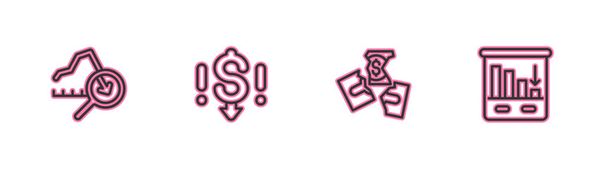 Set line Global economic crisis, Tearing money banknote, Dollar rate decrease and Pie chart infographic icon. Vector