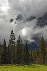 View of the peaks of the Sesto Dolomites through clouds and fog, Alps, South Tyrol, Italy, Europe
