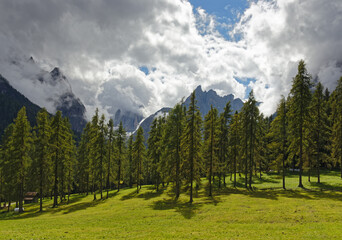 View to the mountain peaks of the famous Sesto Dolomites, Alps, south tyrol, Italy, Europe - obrazy, fototapety, plakaty