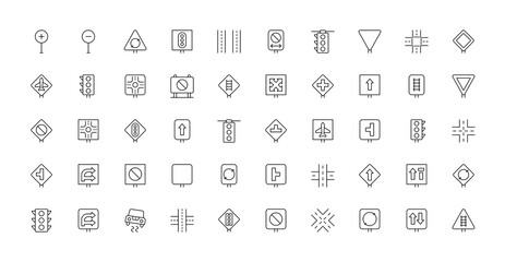 Obraz premium Line icon set of street signs. navigation, containing pin, map, car, route and other icons with a white background.