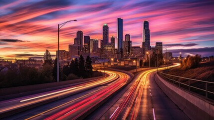 Fototapeta na wymiar Colorful mesmerizing urban sunset. Generative AI