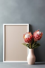 Empty white frame mockup with Scandinavian look, protea flowers in vase, AI Generated