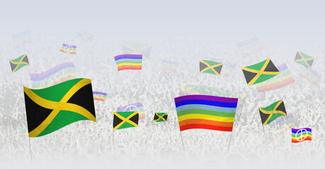 People waving Peace flags and flags of Jamaica. Illustration of throng celebrating or protesting with flag of Jamaica and the peace flag.