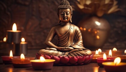 A generated image illustrates the Zen concept of spiritual health, peace, and searching through a Buddha statue in meditation with lotus flower and burning candles. (Generative AI)