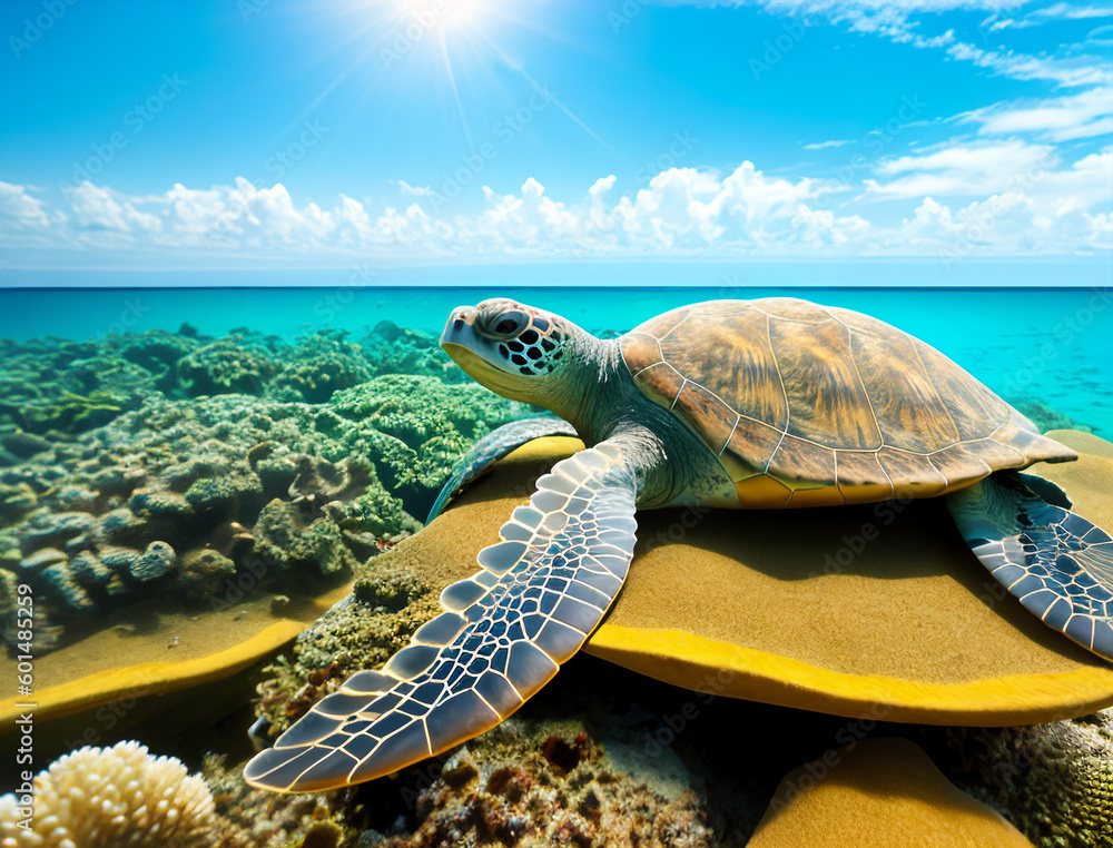 Wall mural Sea turtle sitting on a coral reef, generative ai - Wall murals