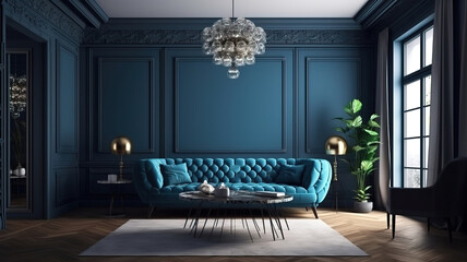 Eclectic home interior in classic blue color. Generative Ai