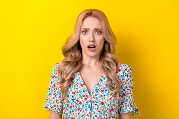 Portrait of anxious embarrassed cute lady open mouth wear trendy clothes impressed negative occasion isolated on yellow color background