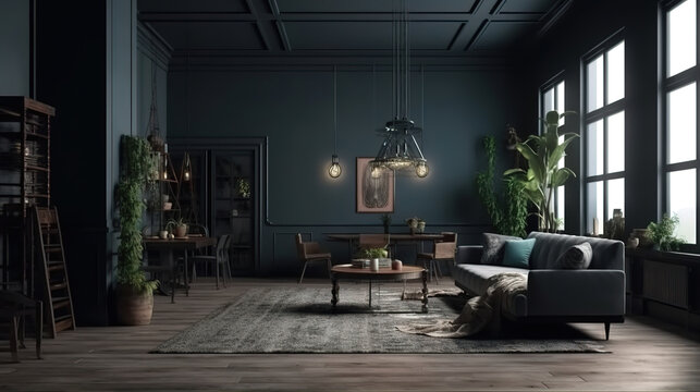 Modern dark living room interior with green couch. Generative Ai