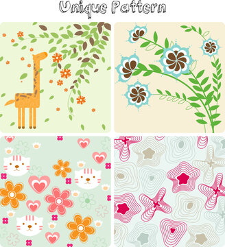 set of unique flora fauna pattern cover four element background vector 2