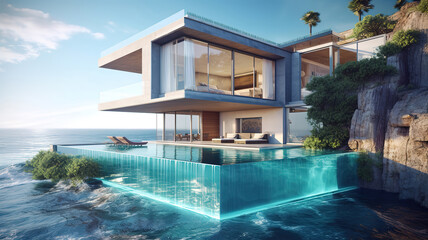 Ocean villa, luxury house with pool and sea view. Generative Ai