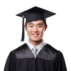 Portrait of a handsome, young, asian man wearing graduation cap and gown. Isolated on transparent background, no background.