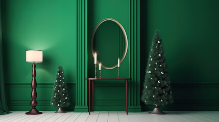 Poster mockup in green room decorated for Christmas. Generative Ai