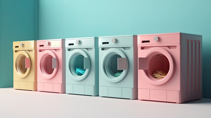 Row of washing machines with laundry in a basket, 3d render. Generative Ai